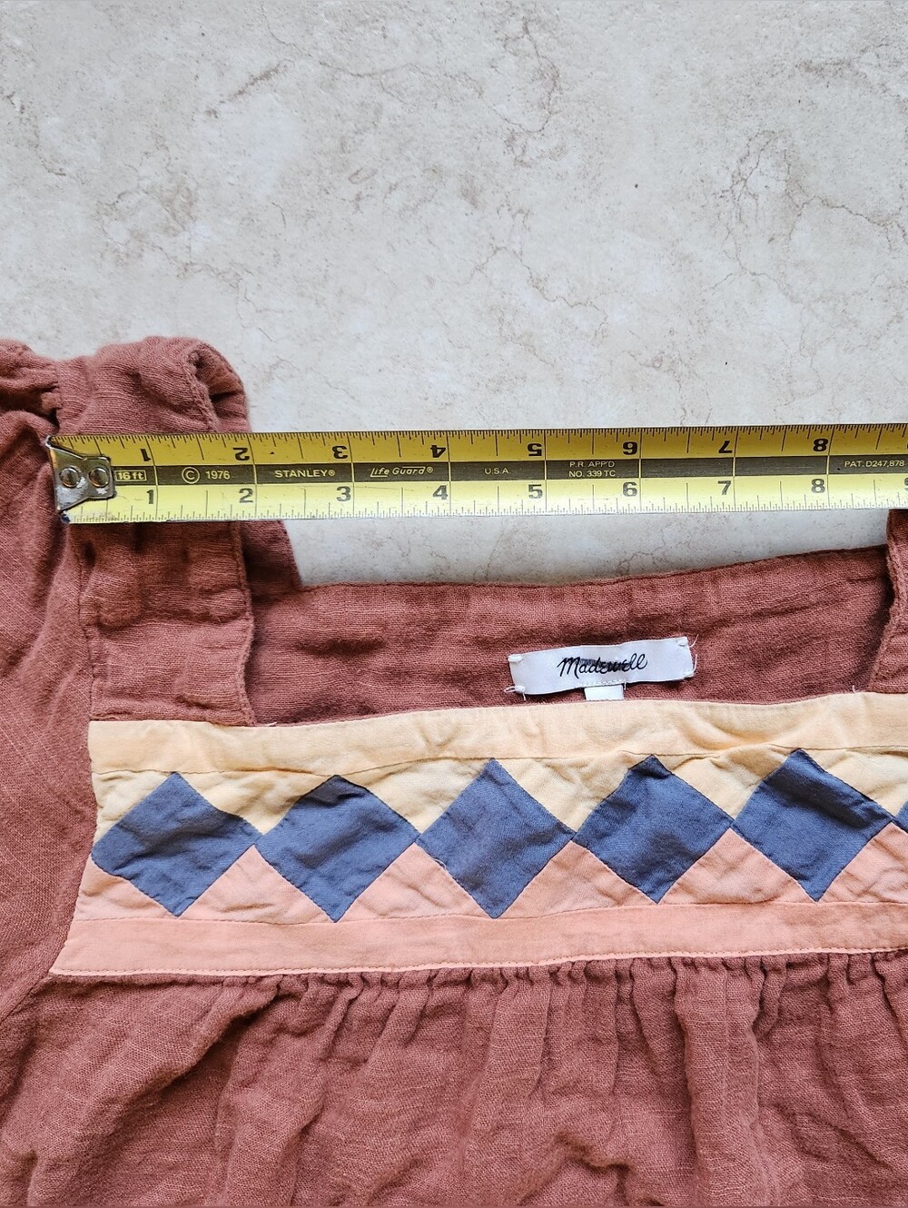 Madewell Patchwork Square Neck Gauze Blouse Top M Brown Burnt Clay Boho - Picture 11 of 13